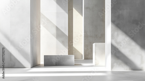 Minimalistic interior with soft silver and white tones, showcasing geometric shapes and natural light