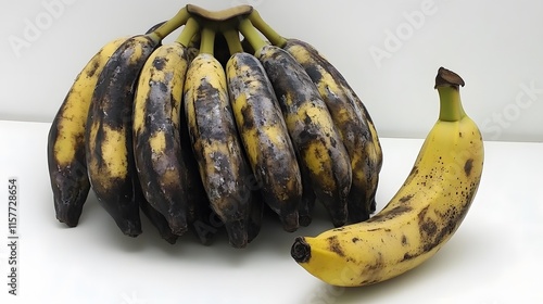 A bunch of ripe bananas with dark spots and blemishes alongside a single, similarly spotted banana. The fruit shows signs of overripeness or natural discoloration. photo