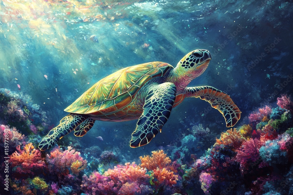Obraz premium Vibrant sea turtle swimming through colorful coral reef in crystal clear waters of tropical ocean