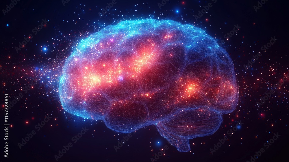 Artificial intelligence glowing brain made of particles and surrounded by a digital network Artificial intelligence glowing brain made of particles and surrounded by a digital network