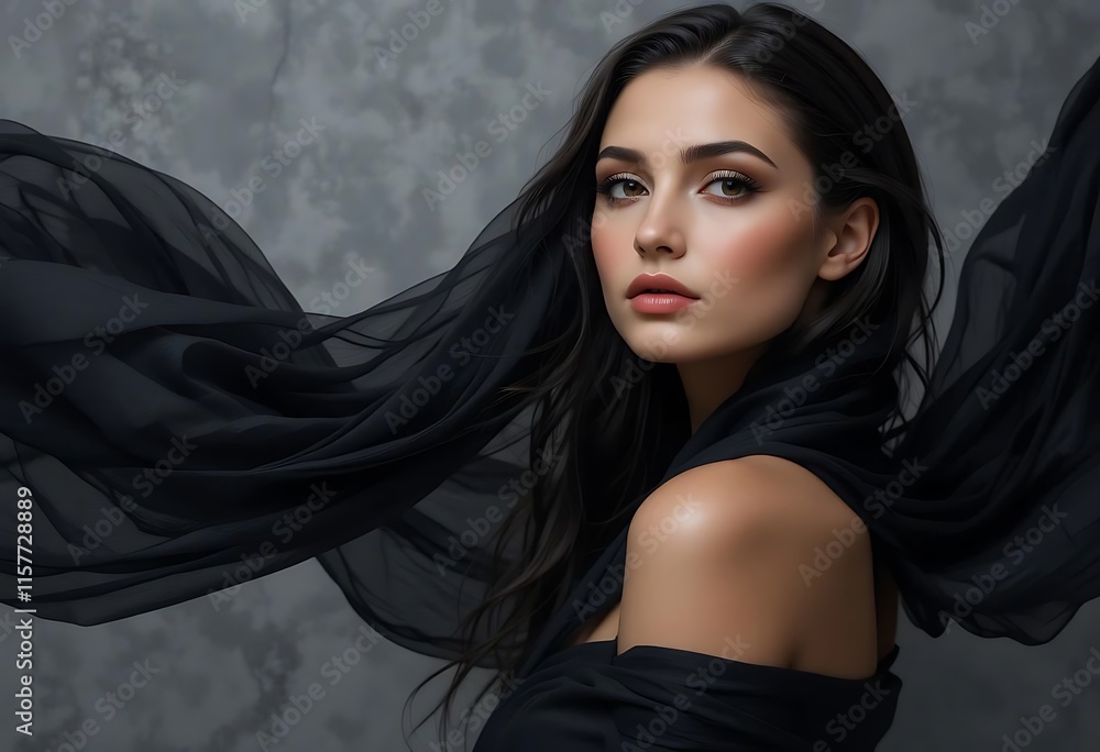Fototapeta premium Elegant Woman in Black Fabric, Studio Portrait