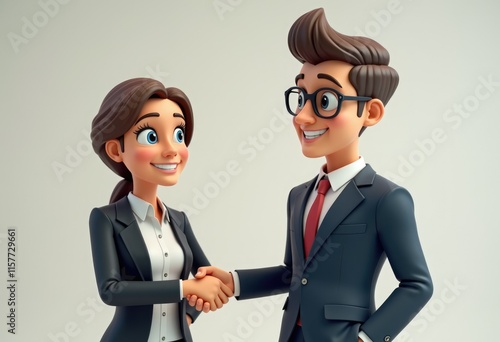A cartoon man and woman in business attire shake hands.