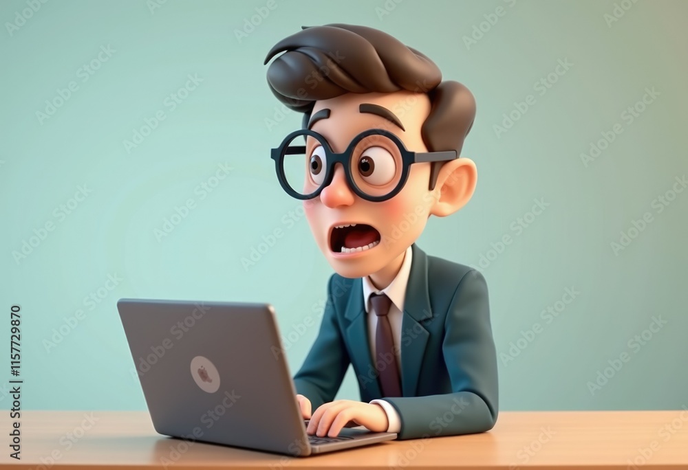 A cartoon man in a suit stares at his laptop with a shocked expression. A cartoon man in a suit stares at his laptop with a shocked expression.
