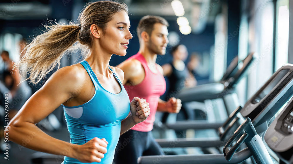 Sport, fitness, lifestyle and people concept smiling woman running treadmill in gym. Healthy active female athlete exercising, cardio workout training. Motivation, wellbeing, health activity. Athletic Sport, fitness, lifestyle and people concept smiling woman running treadmill in gym. Healthy active female athlete exercising, cardio workout training. Motivation, wellbeing, health activity. Athletic