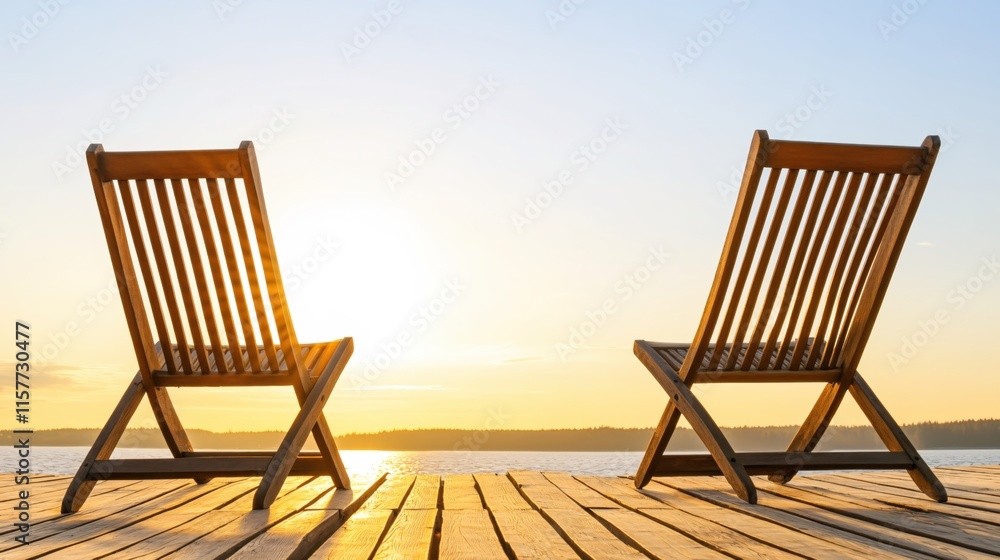 Cozy Wooden Chairs Facing Tranquil Sunset Over Calm Water Surface Cozy Wooden Chairs Facing Tranquil Sunset Over Calm Water Surface