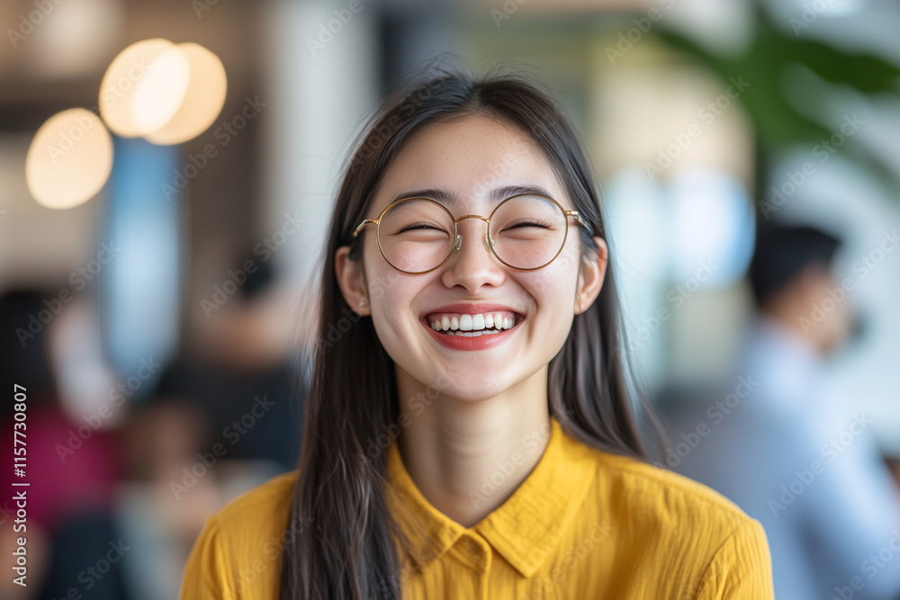Asian woman wearing glasses and a yellow shirt is smiling. She is surrounded by people in a restaurant Asian woman wearing glasses and a yellow shirt is smiling. She is surrounded by people in a restaurant