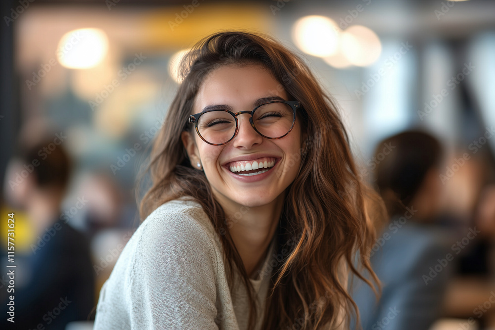 woman with curly hair is smiling and wearing glasses. She is sitting in a restaurant with other people woman with curly hair is smiling and wearing glasses. She is sitting in a restaurant with other people