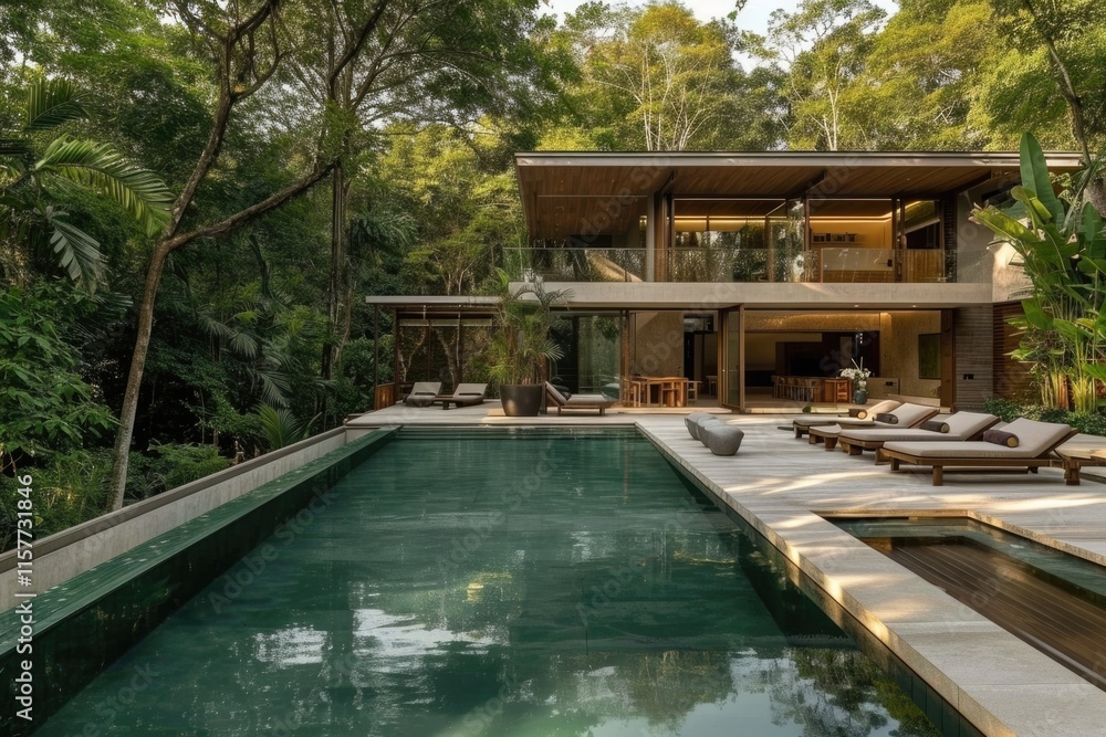 Fototapeta premium Tropical Luxury Retreat: Modern House with Pool in Lush Forest Oasis
