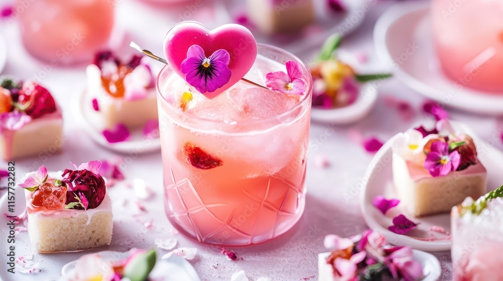 Pink Cocktail with Edible Flowers and Heart-Shaped Ice Cube, Surrounded by Valentine’s Appetizers, Creative Party Food Display