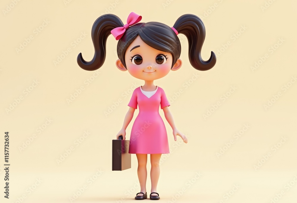 A cute cartoon girl with black hair and a pink dress is holding a briefcase. A cute cartoon girl with black hair and a pink dress is holding a briefcase.