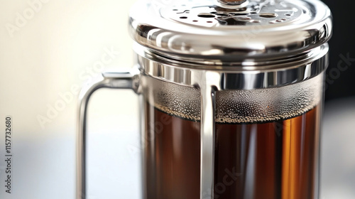 Close-up of a French press coffee maker with brewed coffee inside. photo