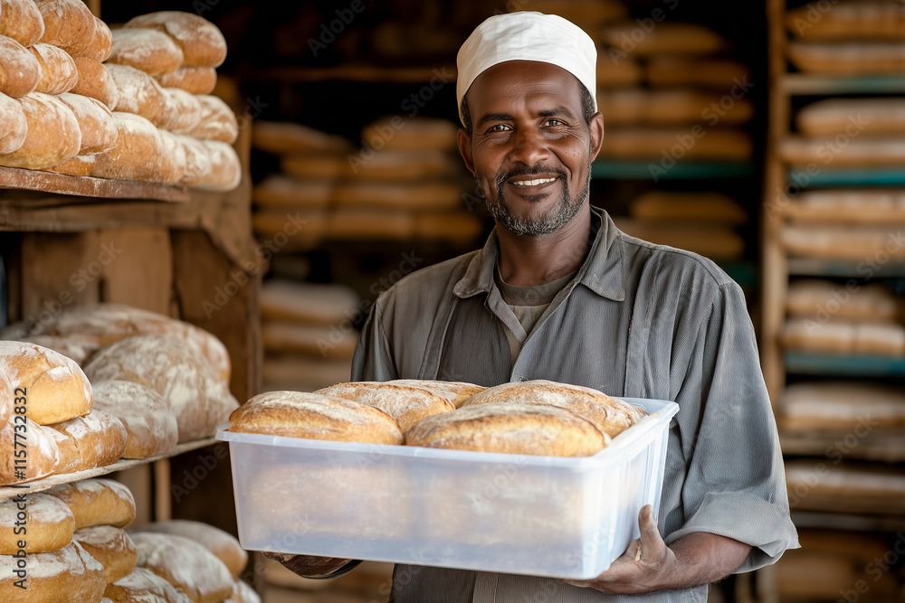 man is holding a tray of bread in a bakery. He is smiling and he is happy man is holding a tray of bread in a bakery. He is smiling and he is happy