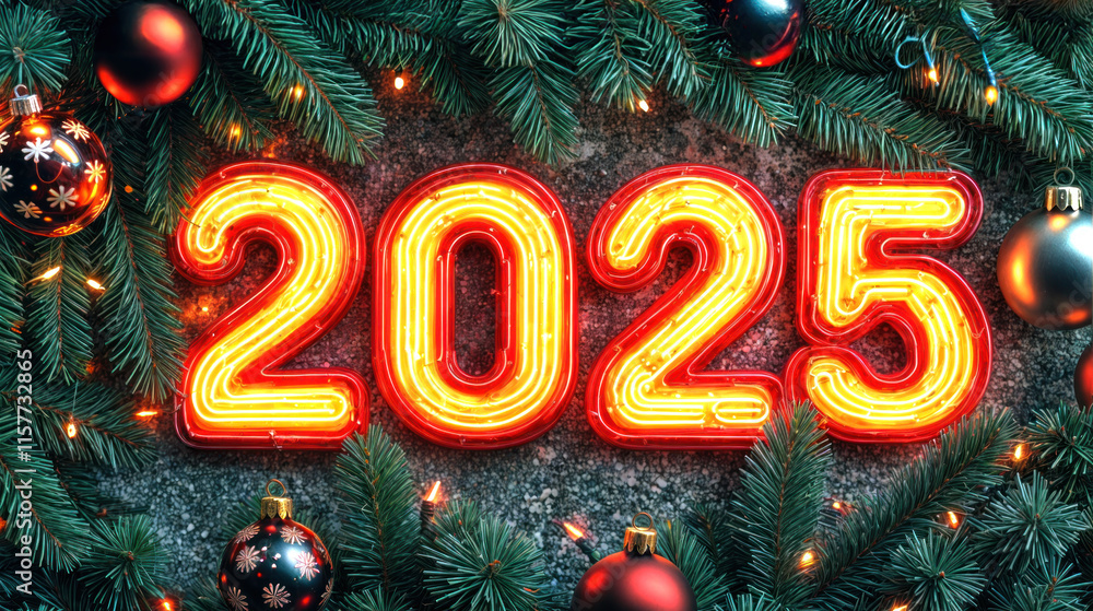 Happy new year and merry christmas background with text 2025 and tree branches. Festive decoration card design with shiny ornament, falling glitter, gold star. greeting. Celebrate event. Happy new year and merry christmas background with text 2025 and tree branches. Festive decoration card design with shiny ornament, falling glitter, gold star. greeting. Celebrate event.