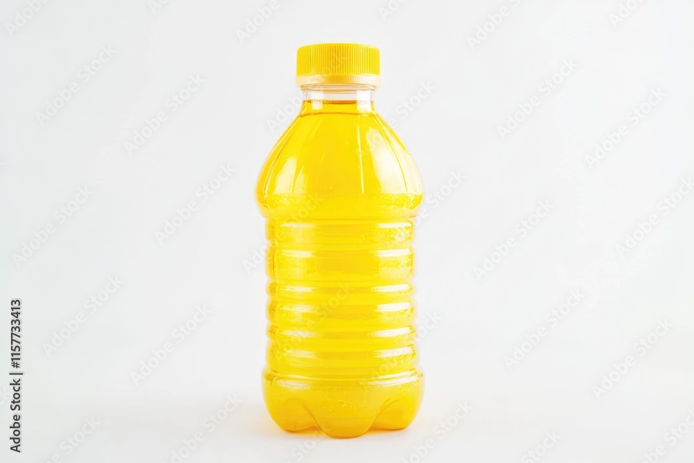 A plastic bottle of orange juice sits on a clean white surface, ready for use A plastic bottle of orange juice sits on a clean white surface, ready for use