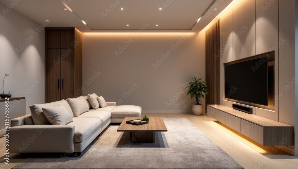 Fototapeta premium Luxury Minimalist Living Room with Smart Tech. Perfect for promoting smart home devices, modern interior designs, or premium lifestyle brands