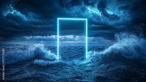 A surreal blue neon doorway stands amid tumultuous ocean waves under dramatic stormy skies.