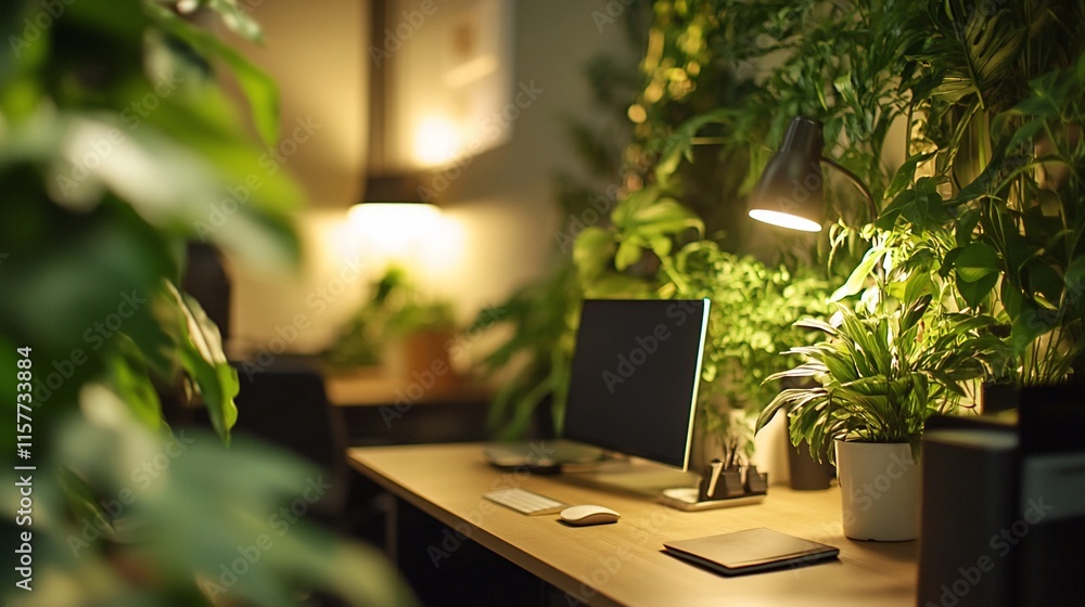 A serene workspace surrounded by lush greenery and plants. A serene workspace surrounded by lush greenery and plants.