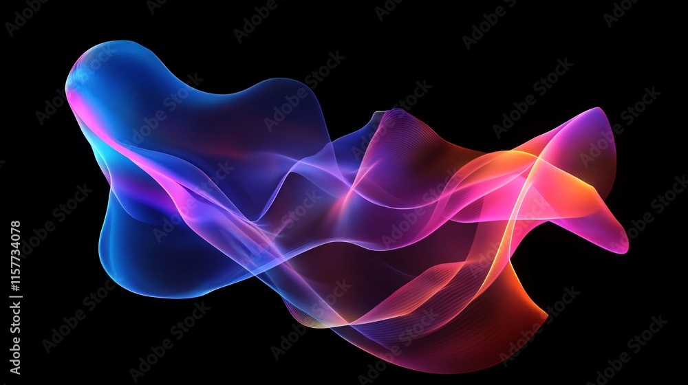 Abstract fluid shapes in vibrant hues of blue, purple, and orange create a dynamic visual effect against a black background.
