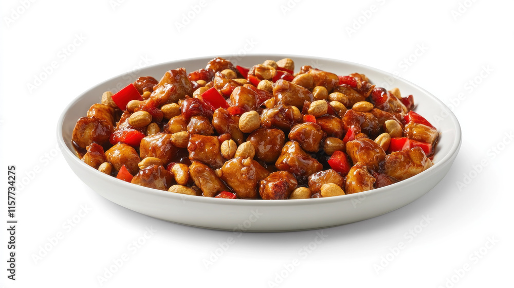 Close-up of a plate of chicken with peanuts and red bell peppers. Close-up of a plate of chicken with peanuts and red bell peppers.