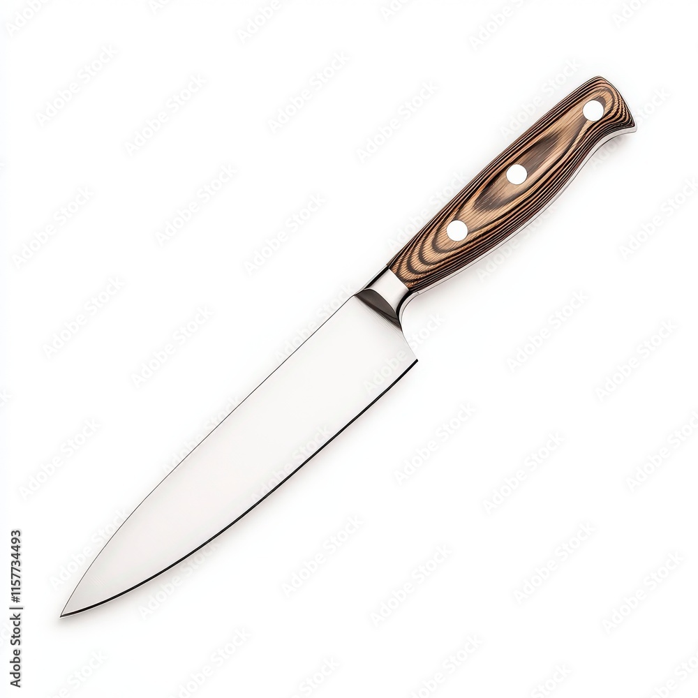 Obraz premium Elegant kitchen knife with a polished blade and a unique handle design on a white isolated background.