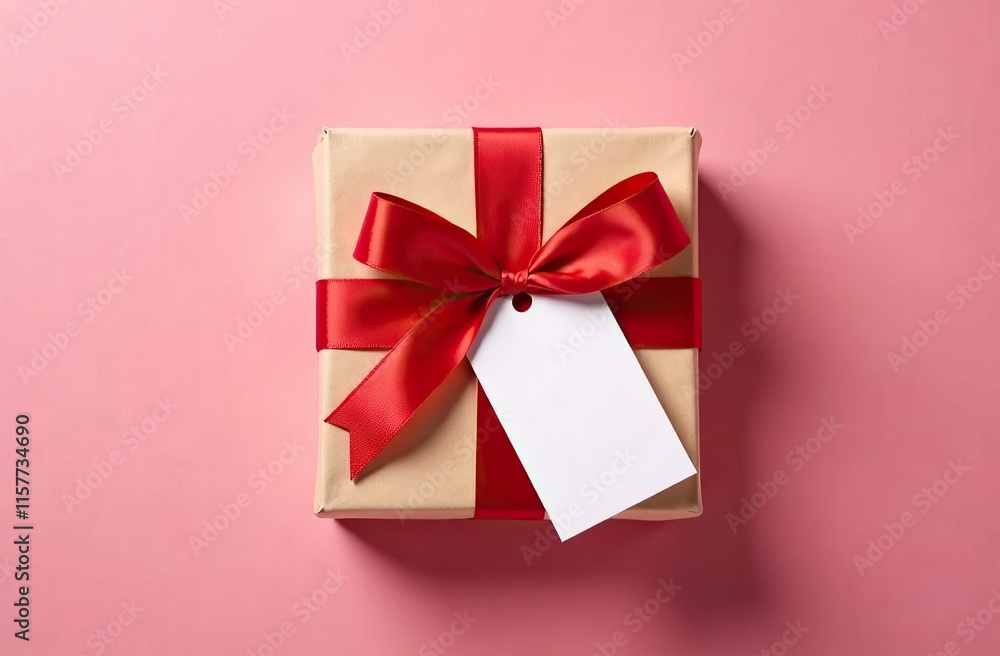 Gift box mockup with red ribbon and blank tag for text on pink background Gift box mockup with red ribbon and blank tag for text on pink background
