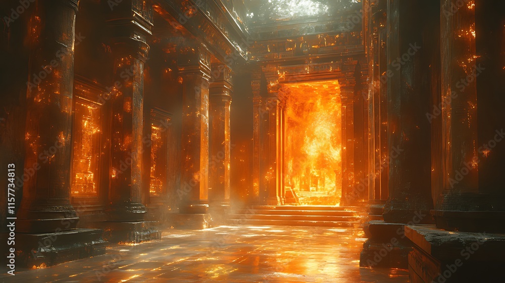 Fiery portal within ancient, stone temple ruins. Fiery portal within ancient, stone temple ruins.
