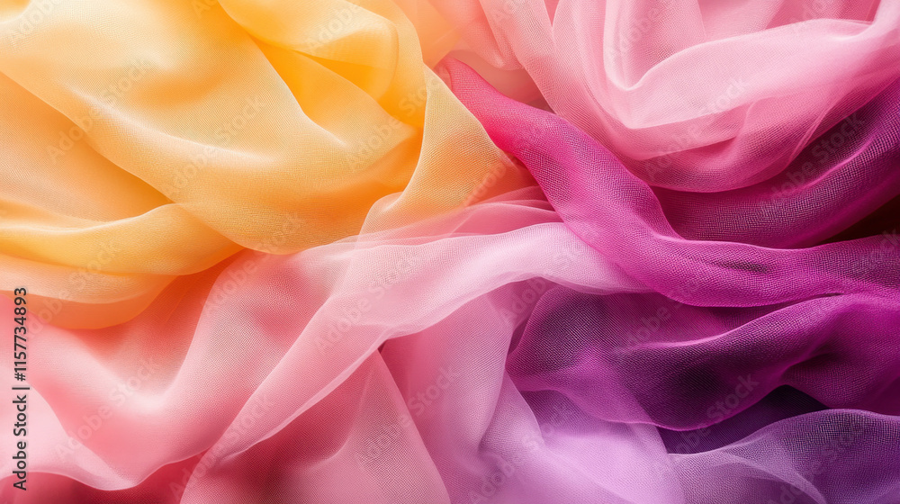 Fototapeta premium Delicate, sheer fabric in shades of yellow, pink, and purple flows seamlessly, creating a soft and colorful texture that evokes a sense of warmth and calm.