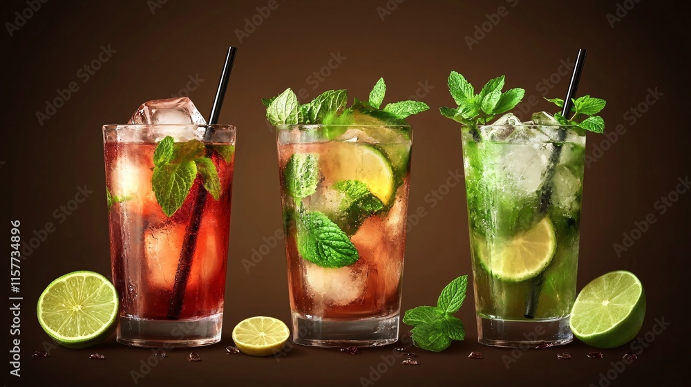 Fototapeta premium Refreshing drinks with mint and lime, showcasing a vibrant assortment of cocktails with ice.