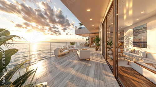 terrace living room with sea view and sunset. Modern luxury villa interior design, comfortable lounge furniture, ocean vista, relaxation in contemporary resort apartment