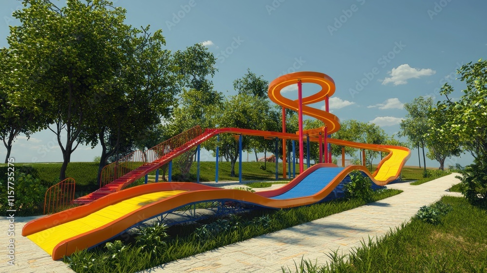 Colorful water slide structure in a sunny park setting. Colorful water slide structure in a sunny park setting.