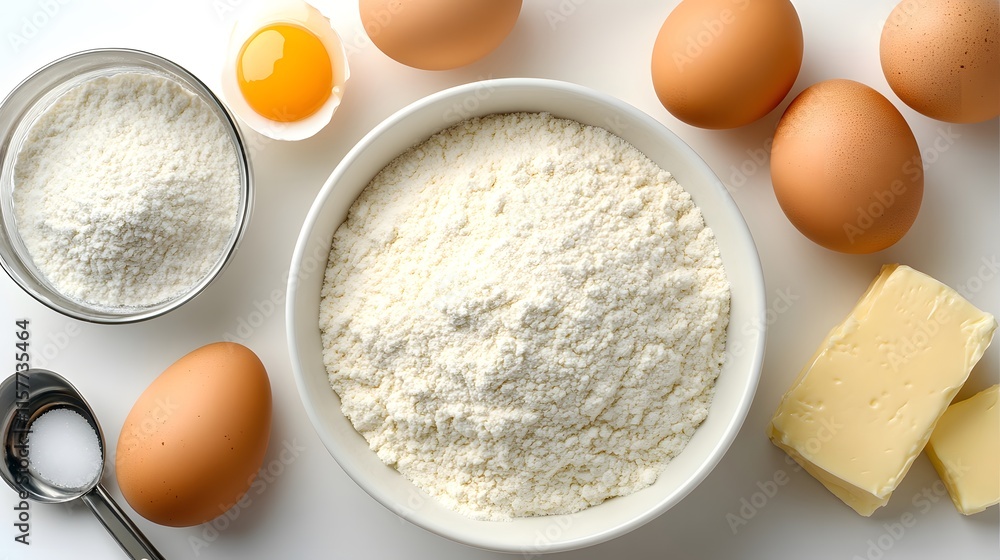 Overhead shot of baking ingredients: flour, eggs, butter, and salt. Perfect for recipes or culinary blogs. Overhead shot of baking ingredients: flour, eggs, butter, and salt. Perfect for recipes or culinary blogs.