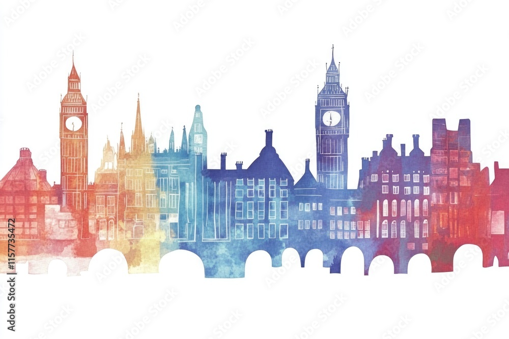 Fototapeta premium Watercolor illustration of a cityscape with a prominent clock tower