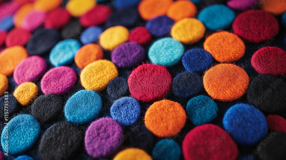 Colorful felt circles create a vibrant texture on a black background, showcasing a playful mix of reds, blues, and yellows.