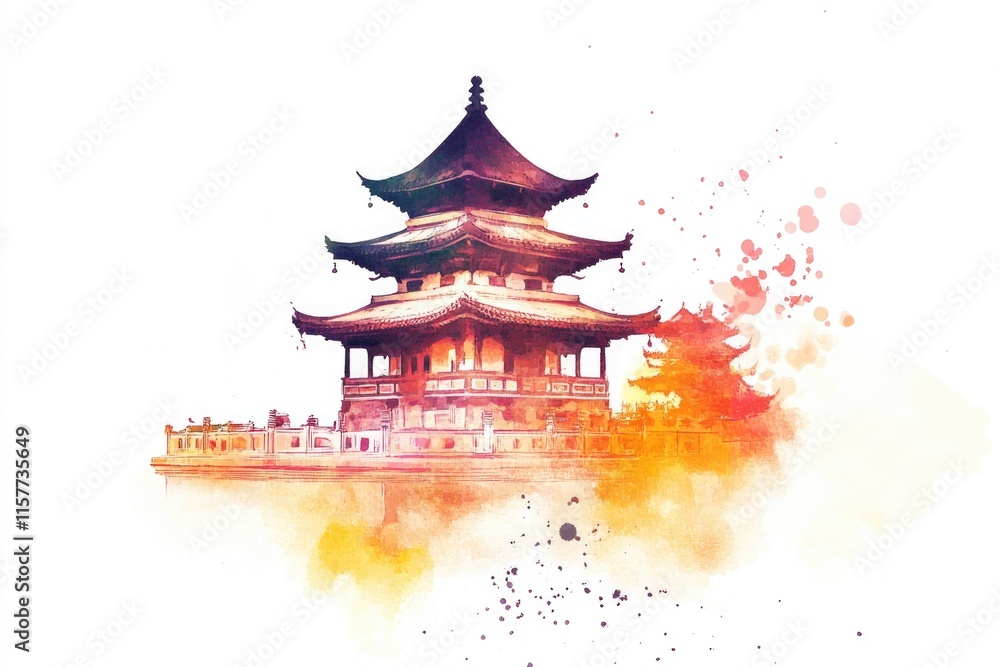 Fototapeta premium A colorful pagoda set against a clean white background, great for designs and layouts needing a touch of Asian flair