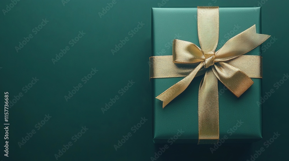A green gift box with a shiny gold ribbon, isolated on a simple background, soft lighting, holiday theme, ultra realistic A green gift box with a shiny gold ribbon, isolated on a simple background, soft lighting, holiday theme, ultra realistic
