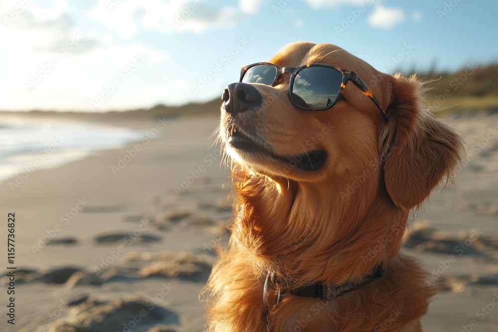 Golden retriever wearing sunglasses enjoys a sunny day at the beach by the water Golden retriever wearing sunglasses enjoys a sunny day at the beach by the water