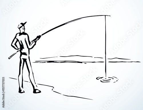 Vector drawing. Man catching fish
