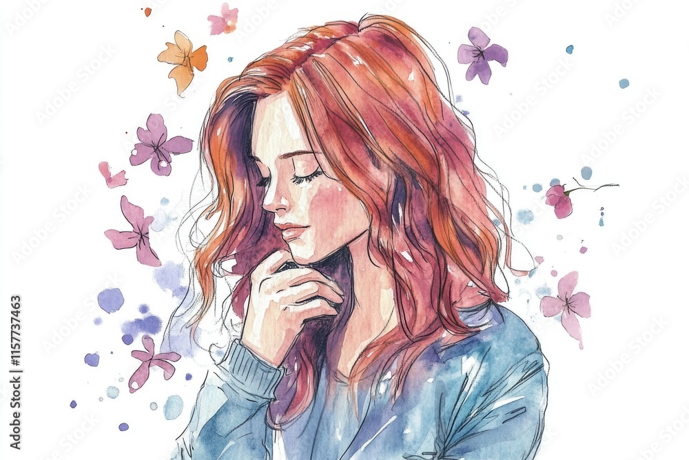 A watercolor painting of a woman with bright red hair, painted in a whimsical style A watercolor painting of a woman with bright red hair, painted in a whimsical style