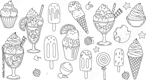 ce cream Hand drawn doodle set. Different types, waffle cone, cup ice cream, popsicle, sundae. Sketch style cafe menu, card, birthday card vector