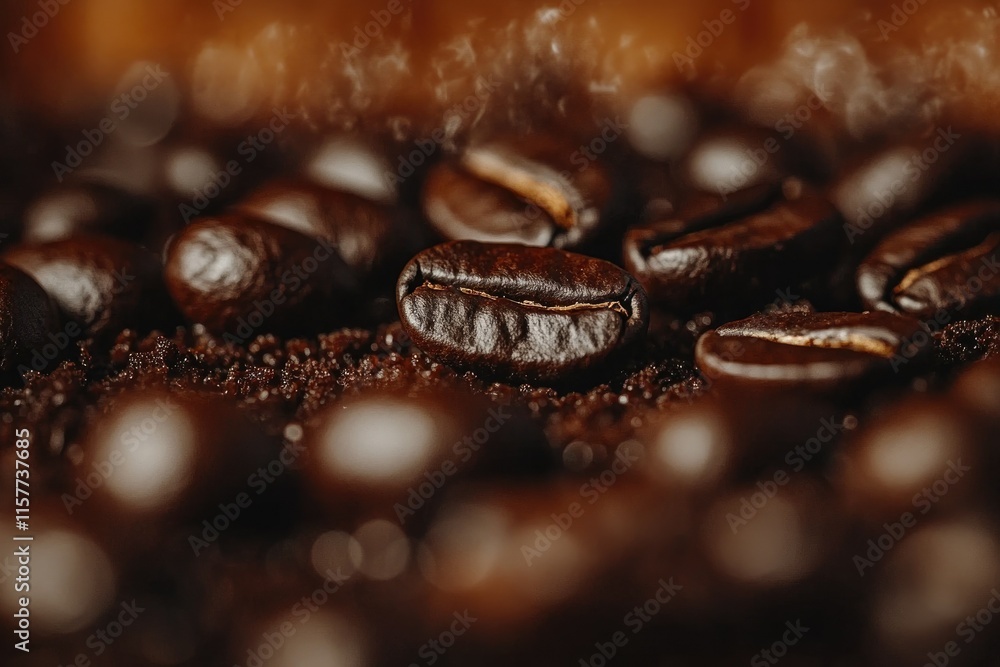 Roasted coffee beans on ground coffee, close-up view showcasing rich color and texture. Roasted coffee beans on ground coffee, close-up view showcasing rich color and texture.