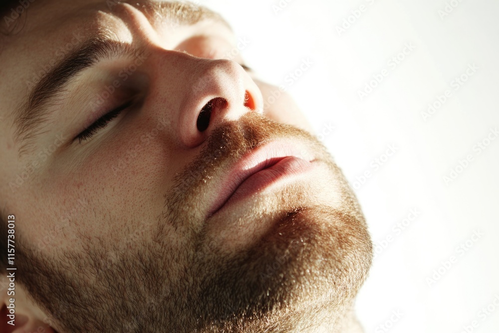 Obraz premium A close-up shot of a man's face with his eyes closed, ideal for use in photoshooting or as a symbol in various contexts