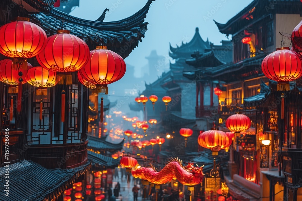 Fototapeta premium A street in China is lit up with red lanterns and a dragon
