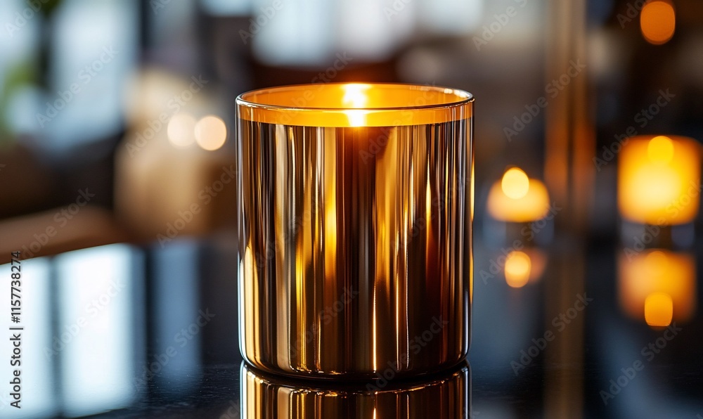 A sleek, reflective candle holder with a warm glow, enhancing ambiance. A sleek, reflective candle holder with a warm glow, enhancing ambiance.