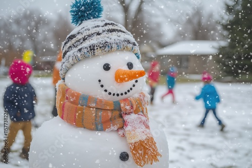 A snowman wearing a hat and scarf is smiling