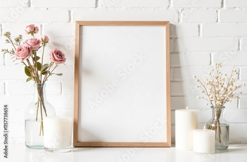 Mockup of a blank white sheet in a thin wooden frame surrounded by vases, flowers and candles