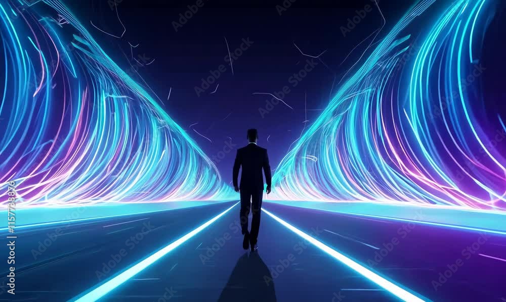 exploring cyberspace: a solitary journey on a glowing futuristic road exploring cyberspace: a solitary journey on a glowing futuristic road