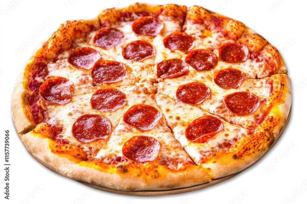 A pepperoni pizza sitting on a standard-sized pizza pan, ready for serving A pepperoni pizza sitting on a standard-sized pizza pan, ready for serving