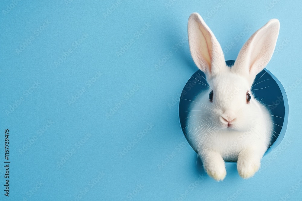 A charming white rabbit curiously peeking out of a circular blue container, perfectly symbolizing joy and renewal during the delightful Easter season, set against a soft and serene blue backdrop A charming white rabbit curiously peeking out of a circular blue container, perfectly symbolizing joy and renewal during the delightful Easter season, set against a soft and serene blue backdrop