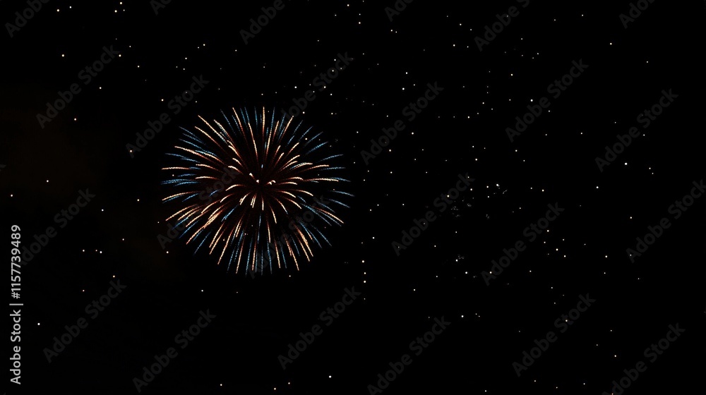 Fototapeta premium Vibrant and Simple Fireworks Display in Night Sky with Colorful Bursts of Red, Blue, and Gold, Gently Illuminating Surroundings, Set Against Dark Backdrop with Scattered Stars, Ultra Realistic Masterp