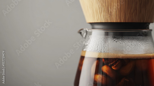 Close-up of coffee brewing in a glass pour-over coffee maker. photo